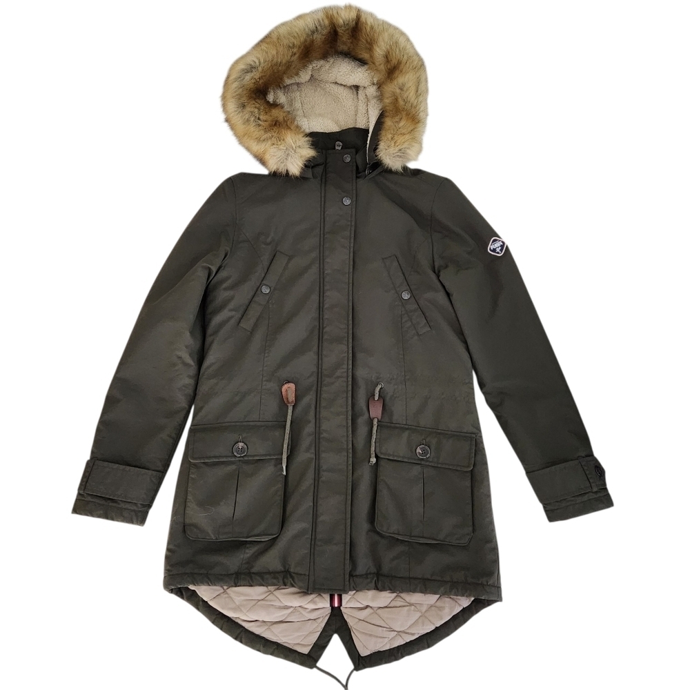 PUFFA Olive Green Faux-Fur Trim Parka Coat small